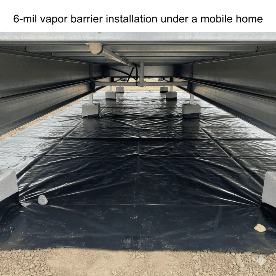 6-mil vapor barrier installation under a mobile home.