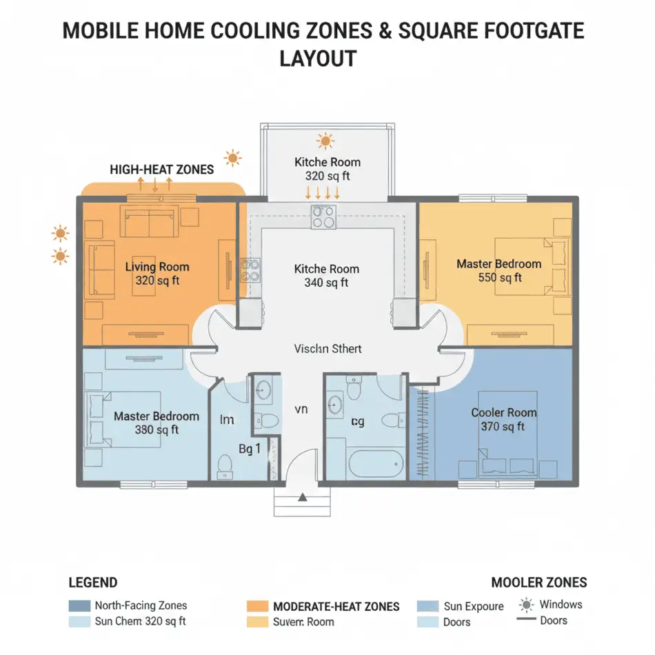 Mobile home cooling zones and square footage layout.