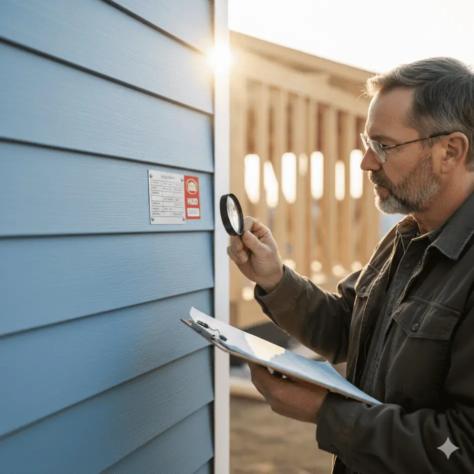 Homeowner checking the HUD Data Plate and Certification Label before planning an addition.