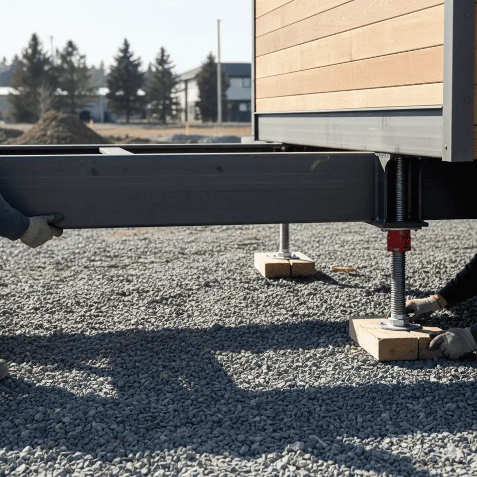 Close up of a park model home steel chassis and hitch on a gravel foundation.