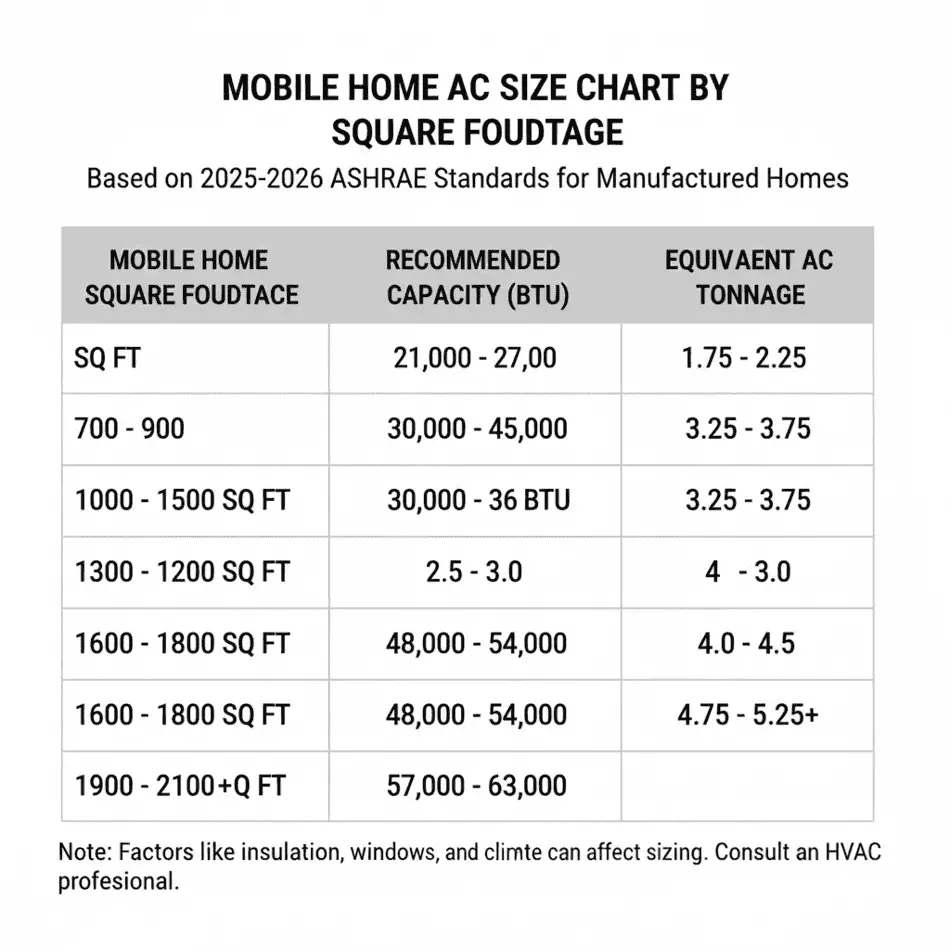 Mobile home AC size chart by square footage.