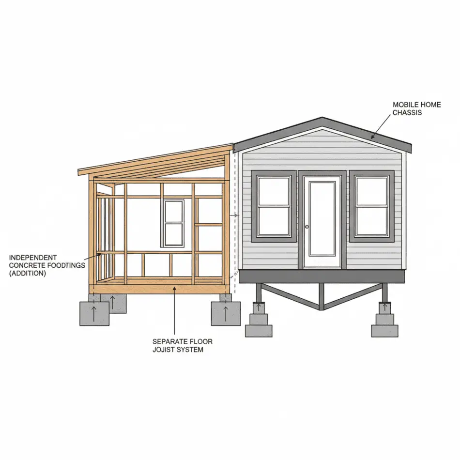 Diagram of a self-supporting mobile home addition with independent footings.