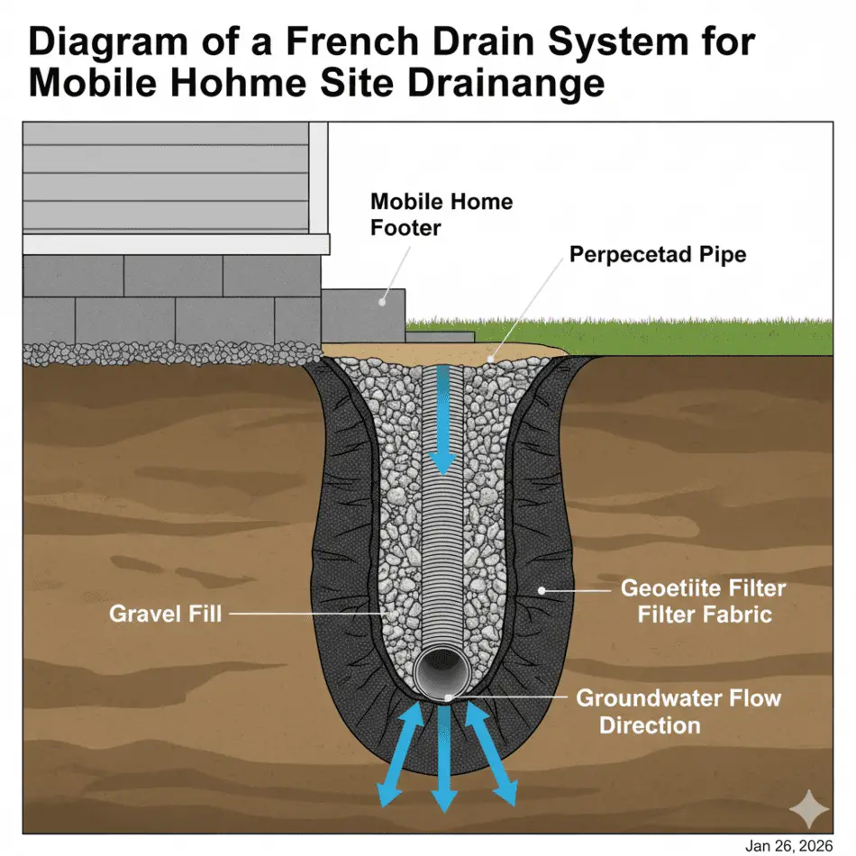 Diagram of a French drain system for mobile home site drainage.