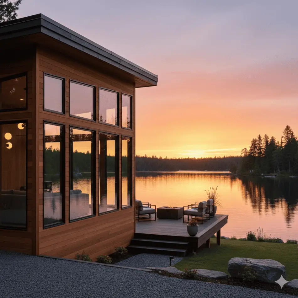 Modern luxury park model home for investment on a lakeside lot at sunset.