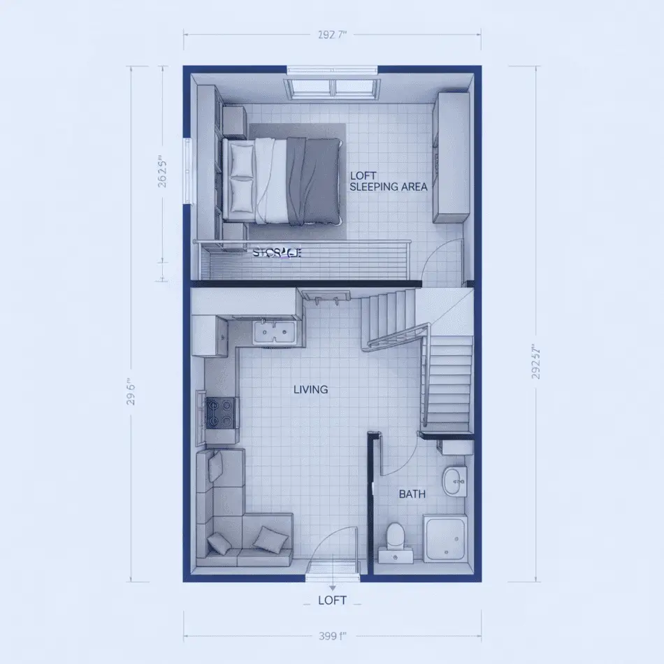 3D floor plan of a 399 square foot park model home with loft.