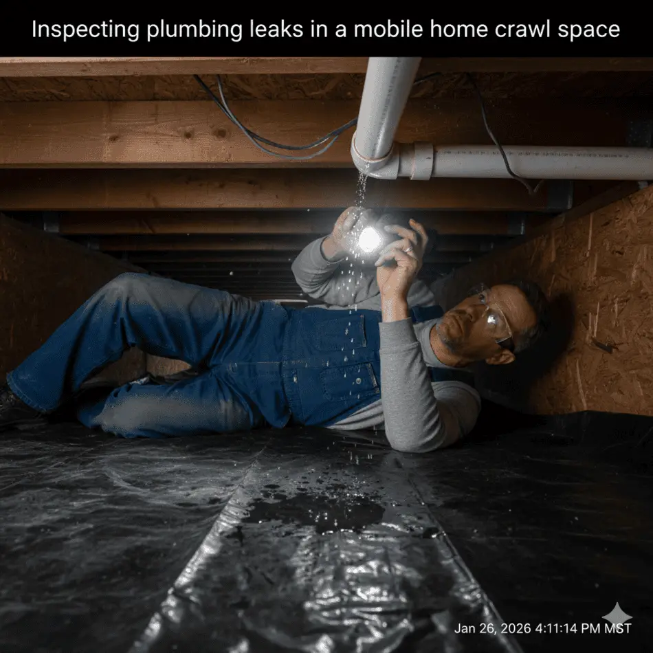 Inspecting plumbing leaks in a mobile home crawl space.