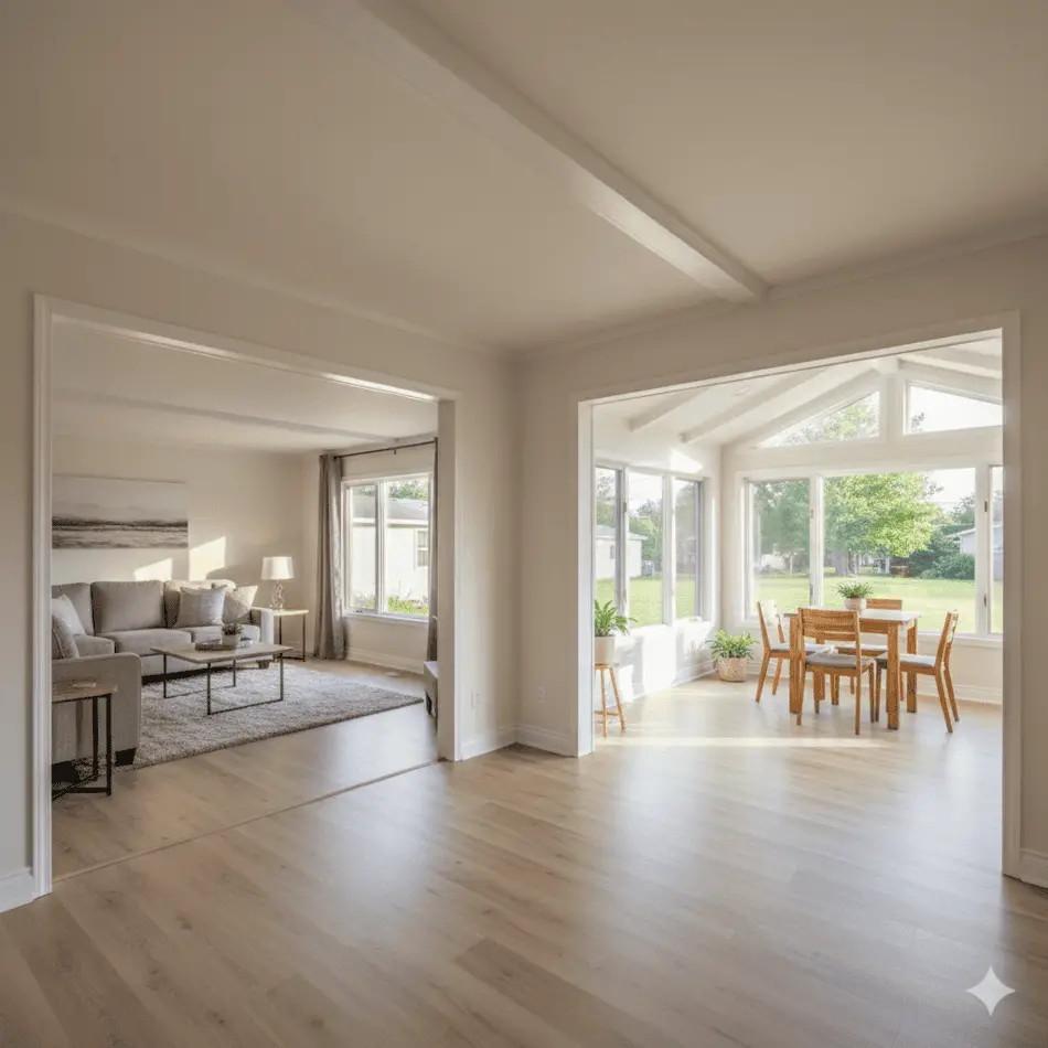 Interior view of a mobile home living room expanded via a HUD-approved addition.