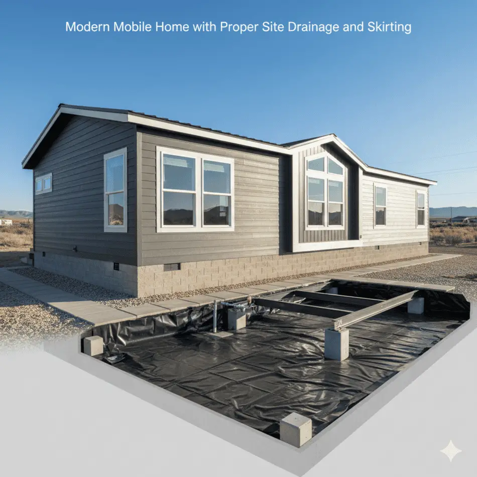 Modern mobile home with proper site drainage and skirting.