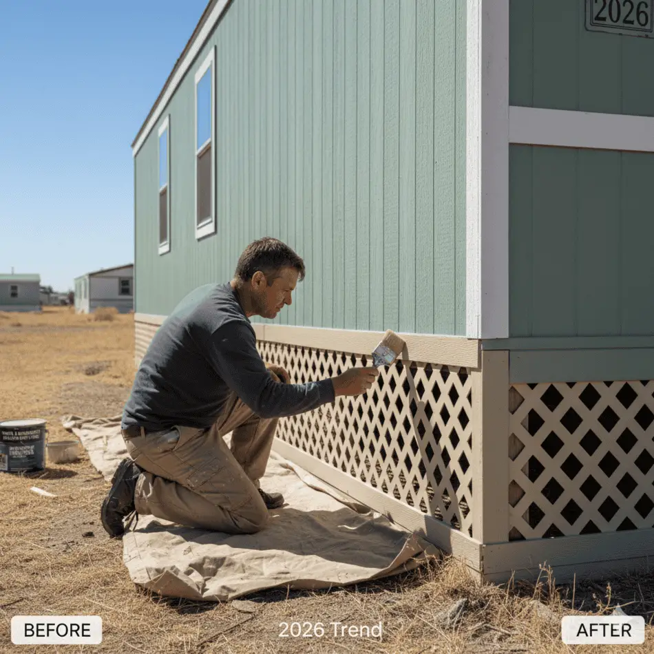 Painting mobile home skirting to match exterior siding.