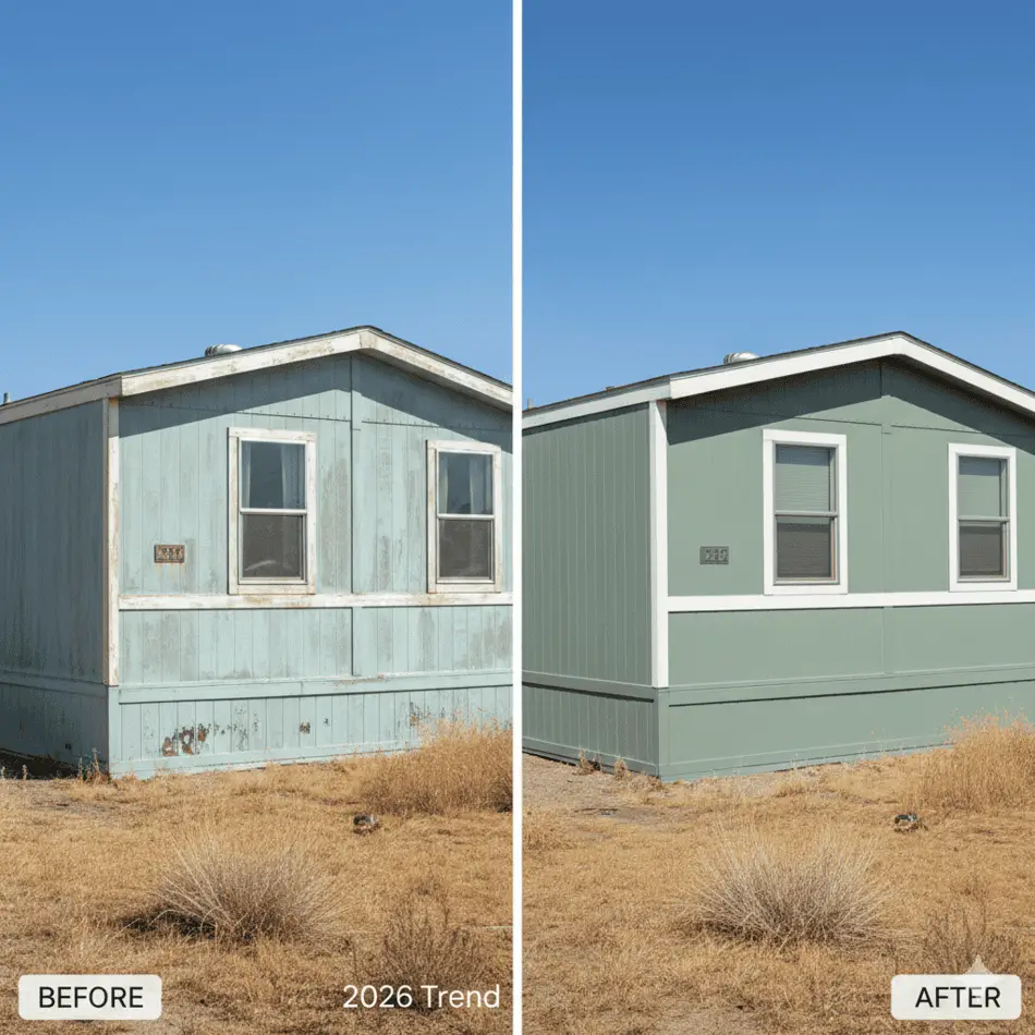 Before and after exterior painting of a double-wide mobile home.