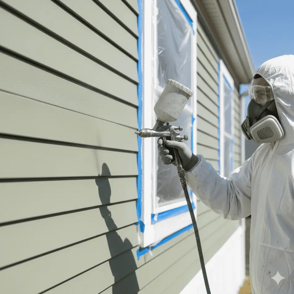 Professional airless sprayer being used on mobile home vinyl siding.