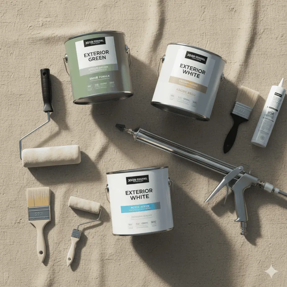 Essential supplies for DIY mobile home exterior painting.