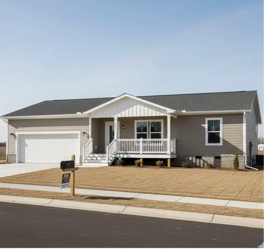 Modern manufactured home permanently affixed to land, symbolizing real property status and FHA mortgage eligibility.