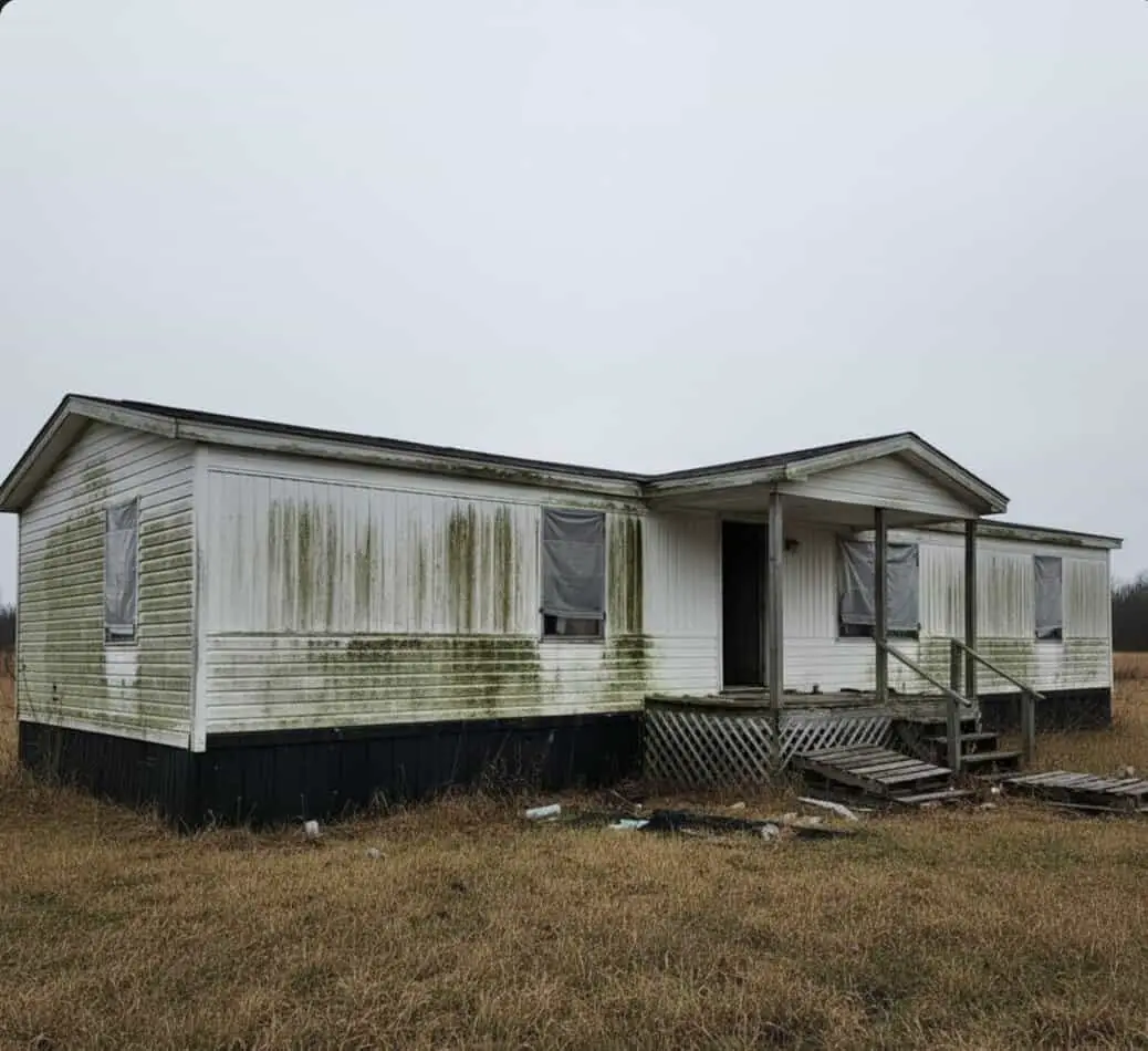An older mobile home exterior with clear signs of wear and tear, highlighting the "problems" aspect.