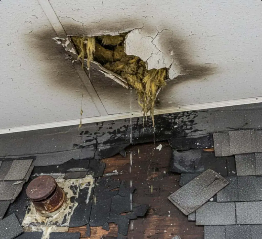 A close-up of a damaged mobile home roof, showing a visible leak or severe shingle damage.