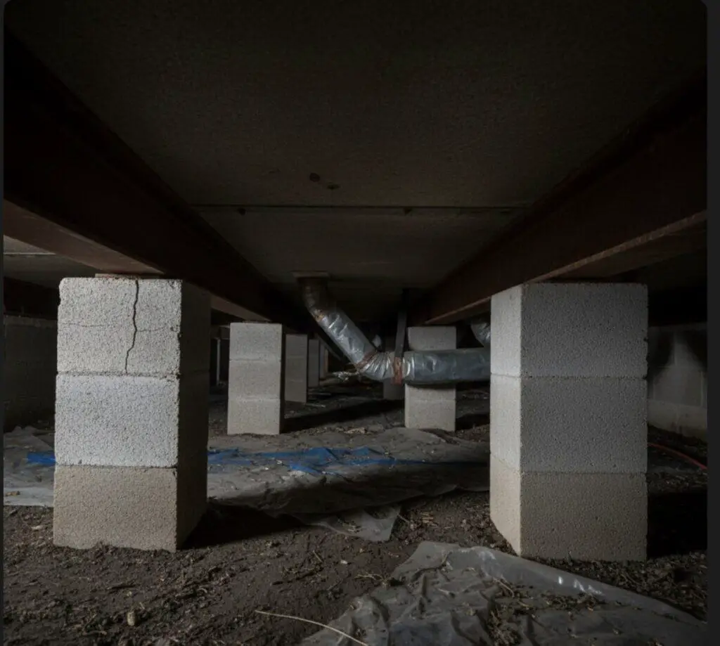 A mobile home's foundation showing visible piers, with a subtle indication of unevenness or settling.