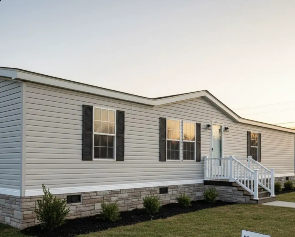 A nicely renovated, solid-looking mobile home exterior (perhaps with new skirting), representing the "solved problems" outcome.