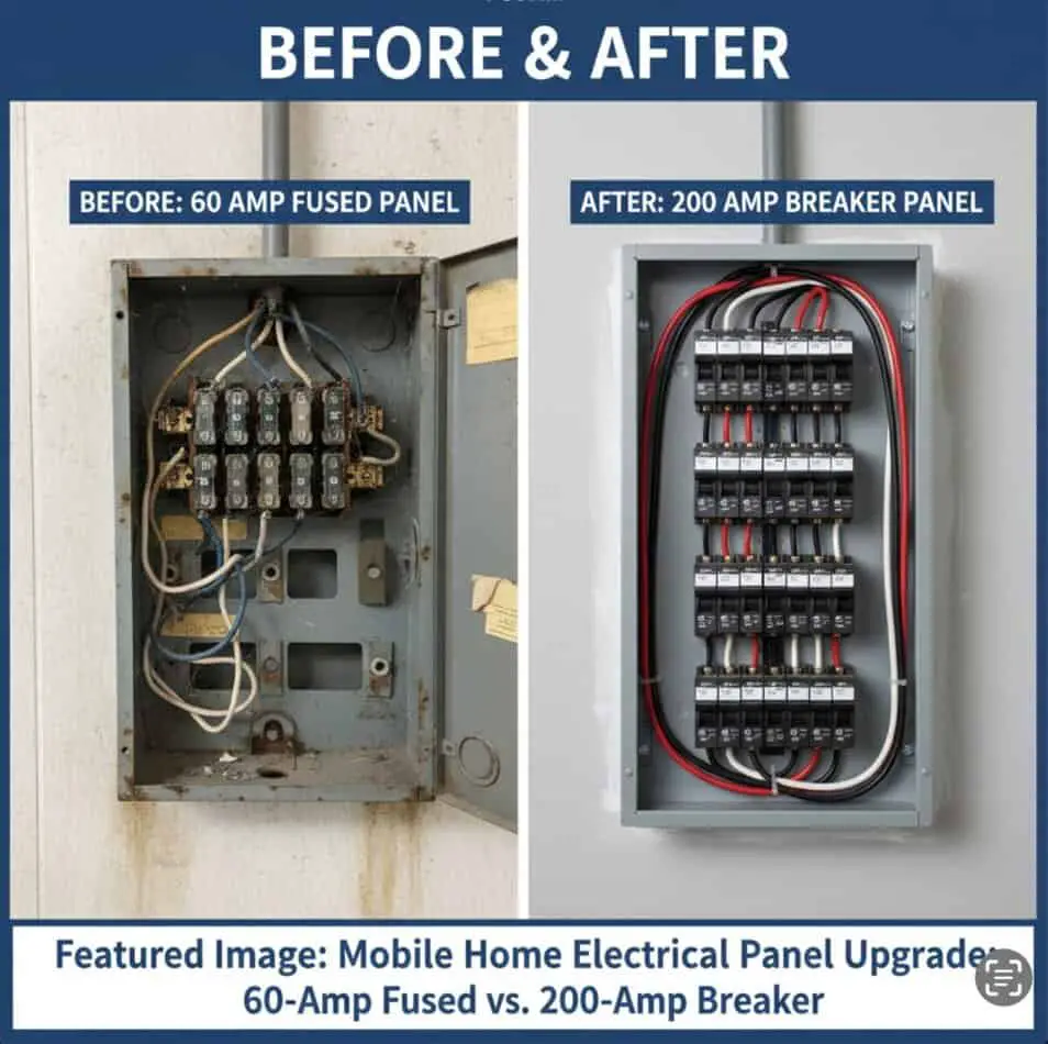 Mobile Home Electrical Panel showing 60 amp old and 200 amp New