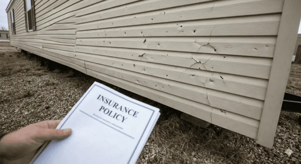Hail damage on mobile home siding with insurance paperwork