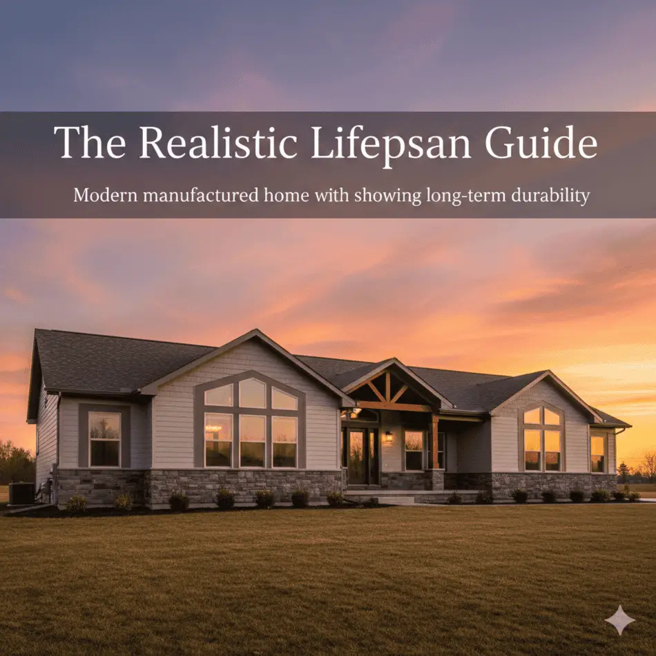 Modern manufactured home with stone skirting showing long-term durability.