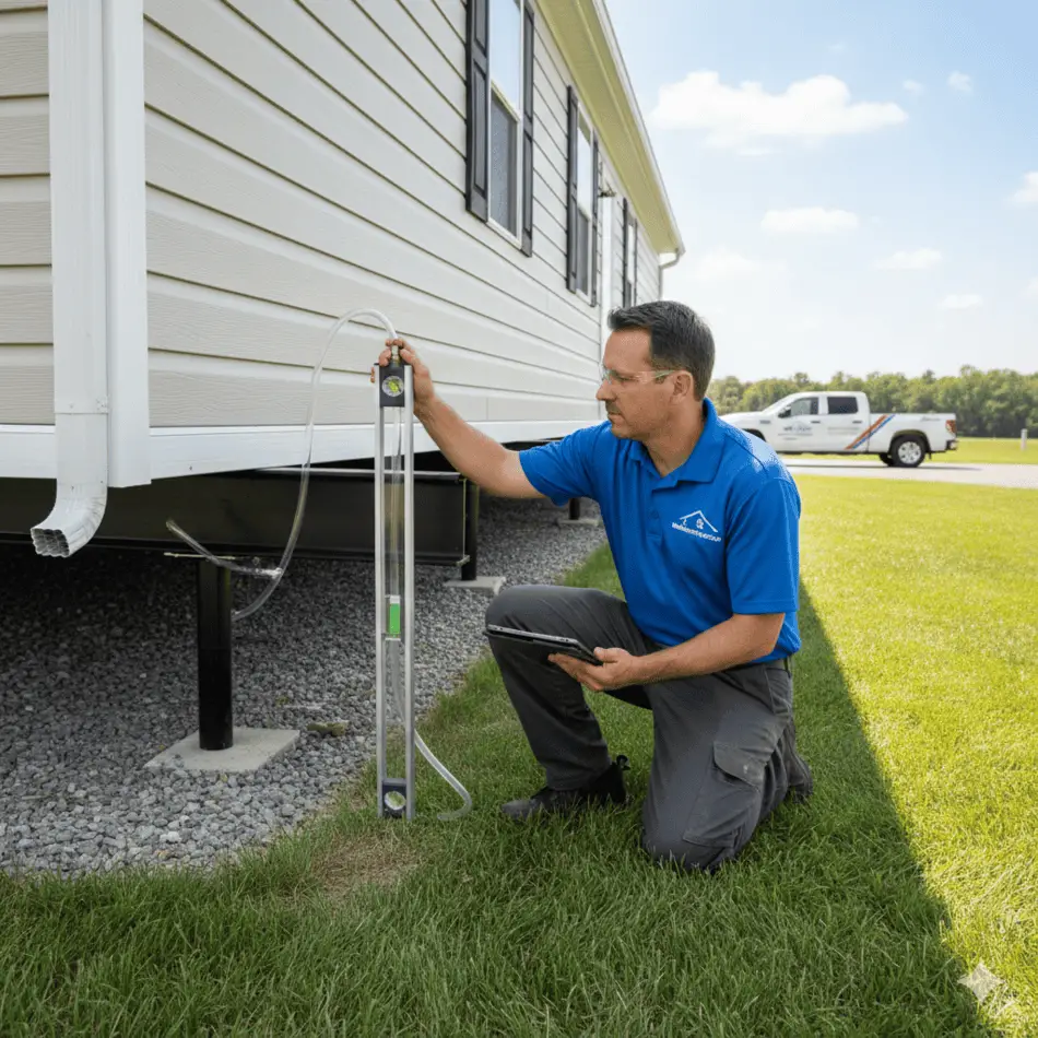 Professional mobile home leveling service in progress.