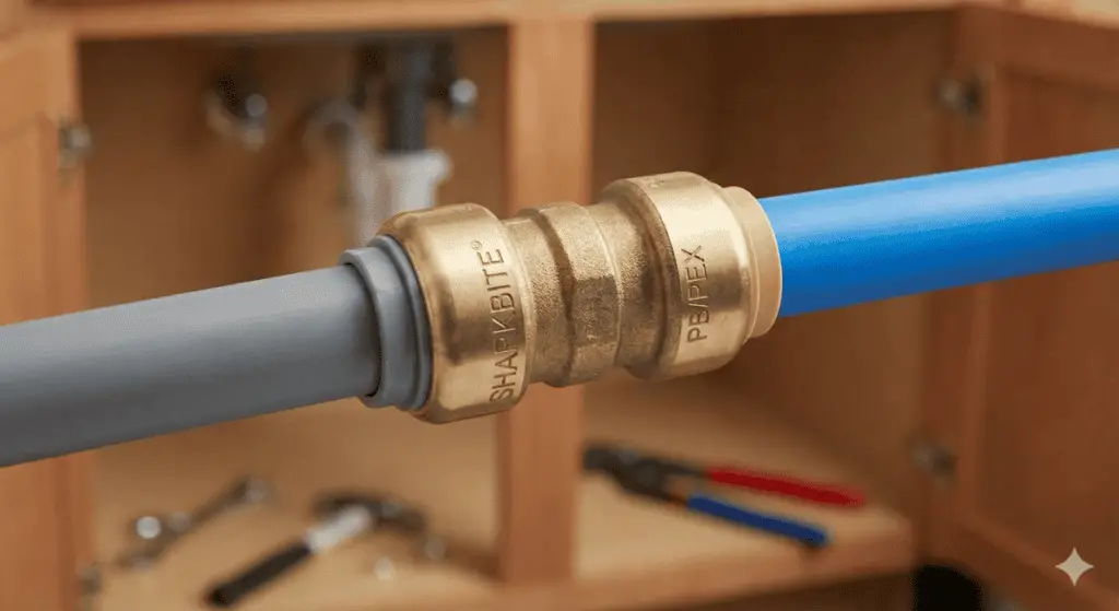 SharkBite transition fitting connecting Polybutylene to PEX