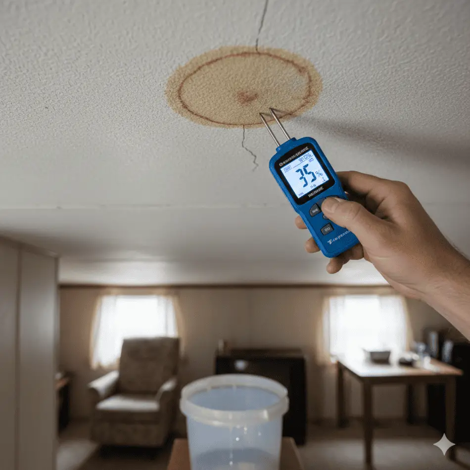 Technical view of a rusted mobile home roof seam and fastener.