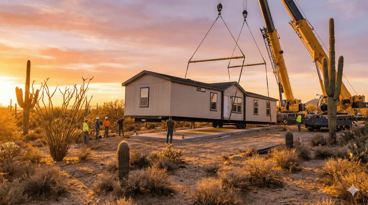 Crane installing new manufactured home on foundation