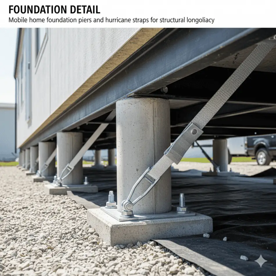 Mobile home foundation piers and hurricane straps for structural longevity.