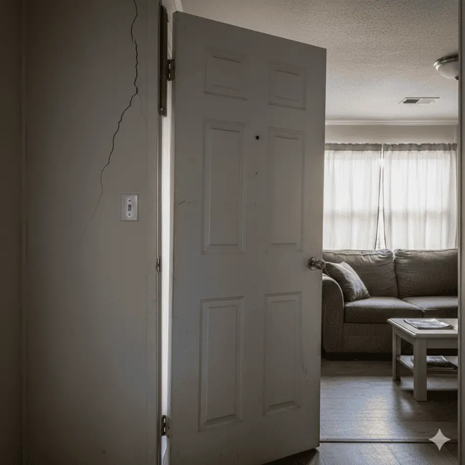 Interior signs of an unlevel mobile home including wall cracks.