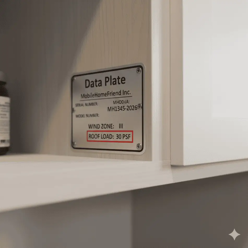 How to find the wind zone rating on a mobile home data plate inside the home.