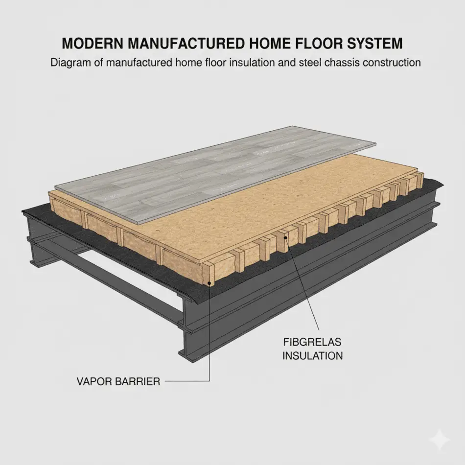 Diagram of manufactured home floor insulation and steel chassis construction.