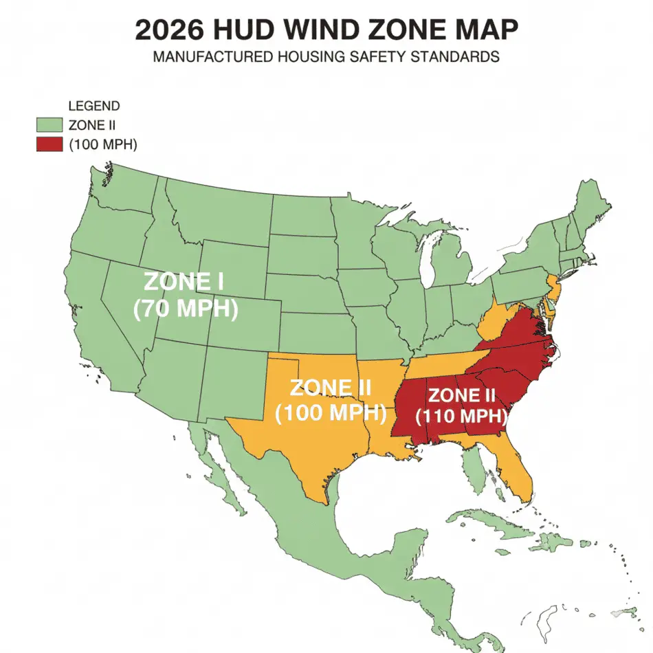 2026 HUD Wind Zone Map for manufactured housing safety standards in the United States.