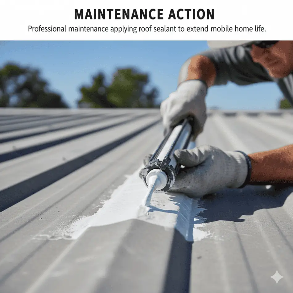 Professional maintenance applying roof sealant to extend mobile home life.