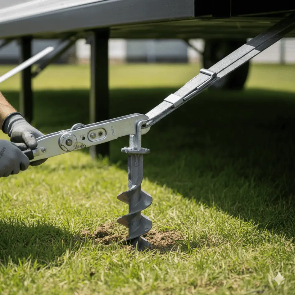 Steel tie-down straps and ground anchors for mobile home tornado and wind protection.