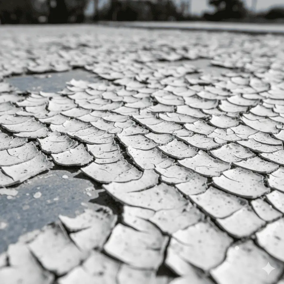 Close-up of cracked roof coating on a manufactured home.