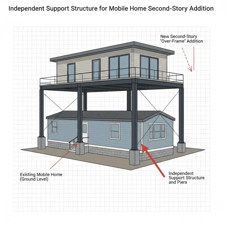 Diagram of an independent support structure for a mobile home second-story addition.