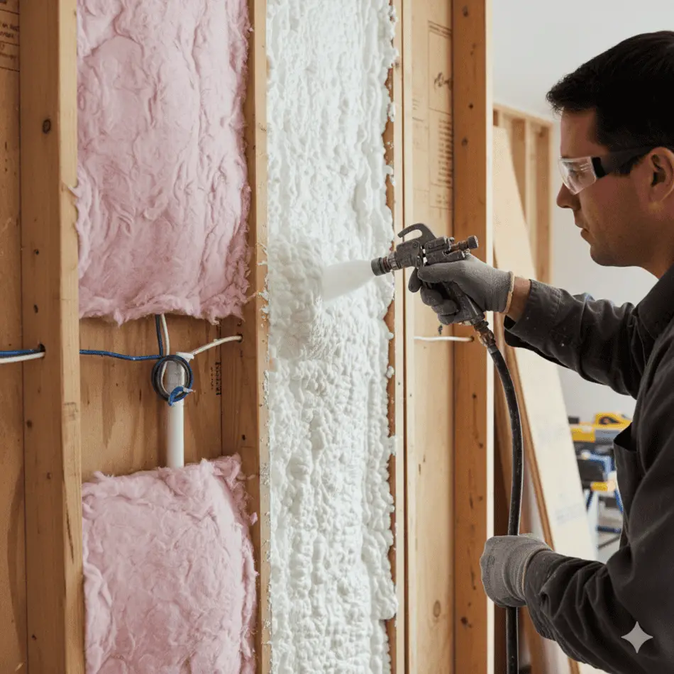 Professional installing wall insulation in a manufactured home