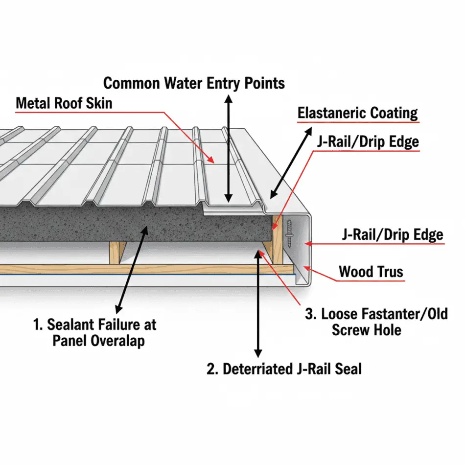 Diagram of mobile home roof construction and common leak points.