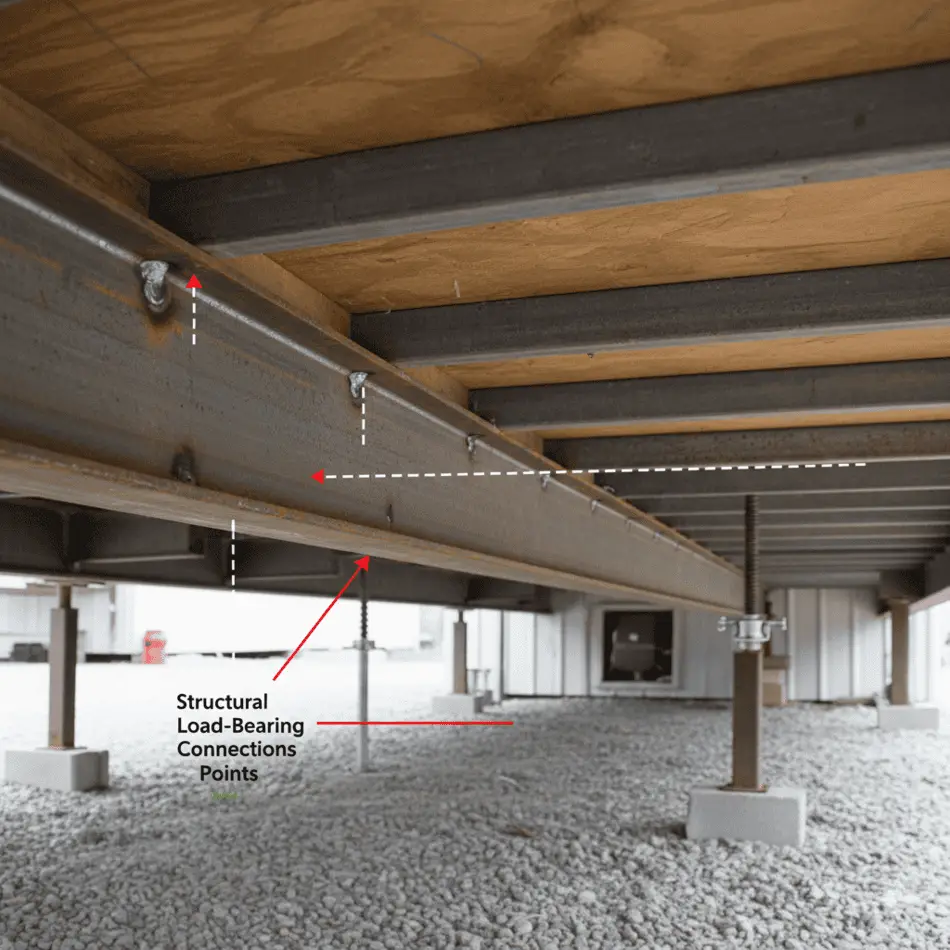 Detailed view of the steel chassis and structural frame of a manufactured home.