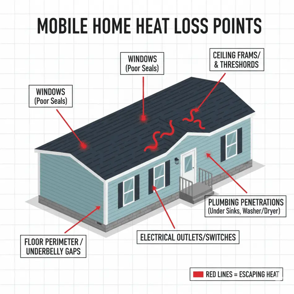Infographic showing common heat loss points in manufactured homes