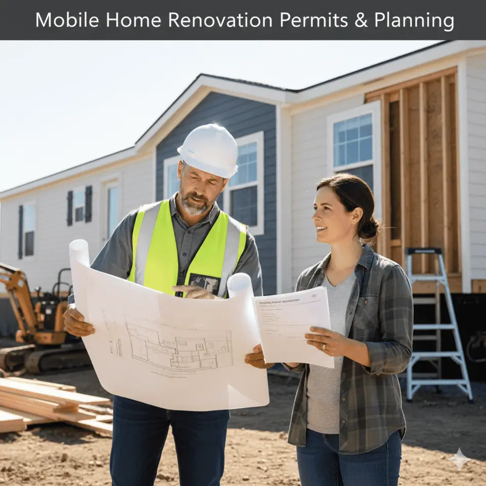 Professional contractor and homeowner discussing mobile home renovation permits.