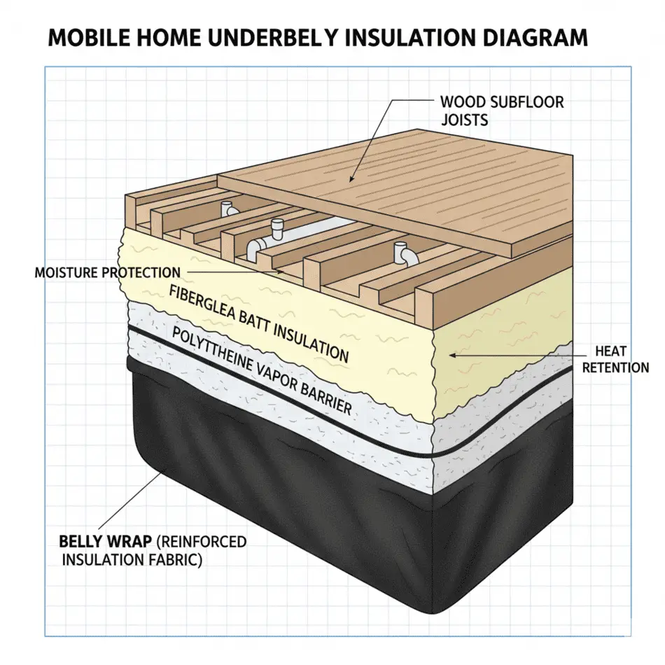 Cross-section of mobile home underbelly insulation layers