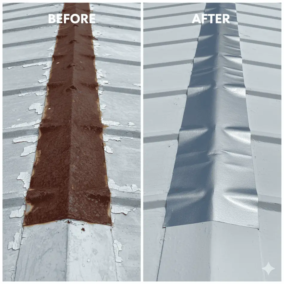 Before and after repair of a mobile home roof seam.