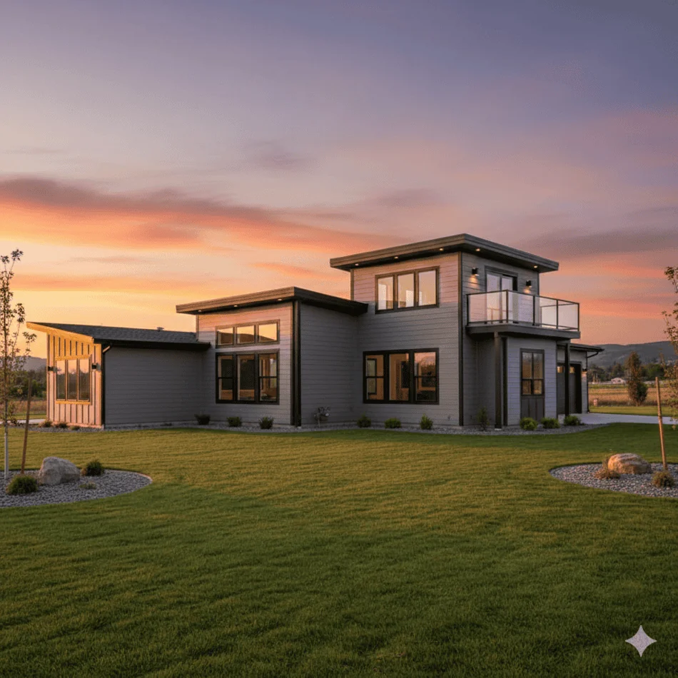 Modern manufactured home with a second-story loft addition and custom roofline.