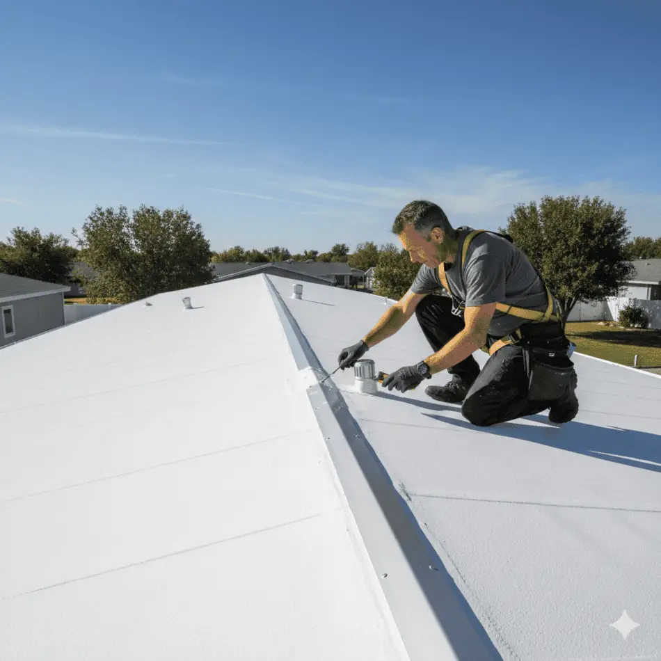 Professional inspecting a mobile home roof for leaks.
